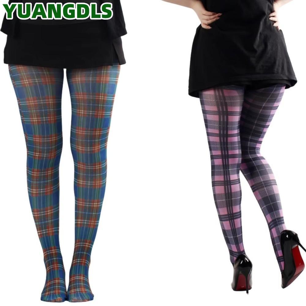 YUANG พิมพ์ Tights, สก็อตเช็ครูปแบบ Semi-Opaque ผู้หญิง Pantyhose, แฟชั่นสีแดงสีม่วงสีฟ้าคลาสสิก Tar