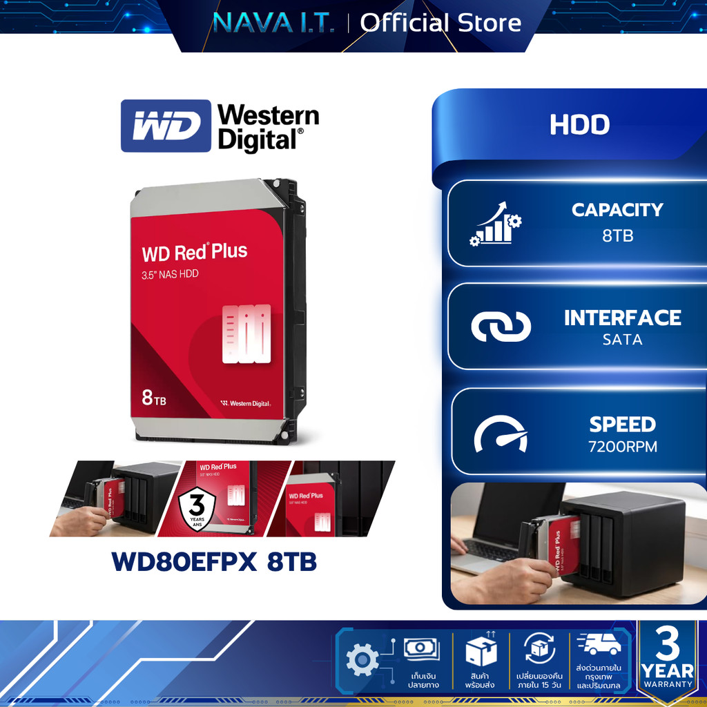 WD HDD (ฮาร์ดดิสก์) RED PLUS 8T SATA 7200RPM (WD80EFPX) WARRANTY 3 YEARS