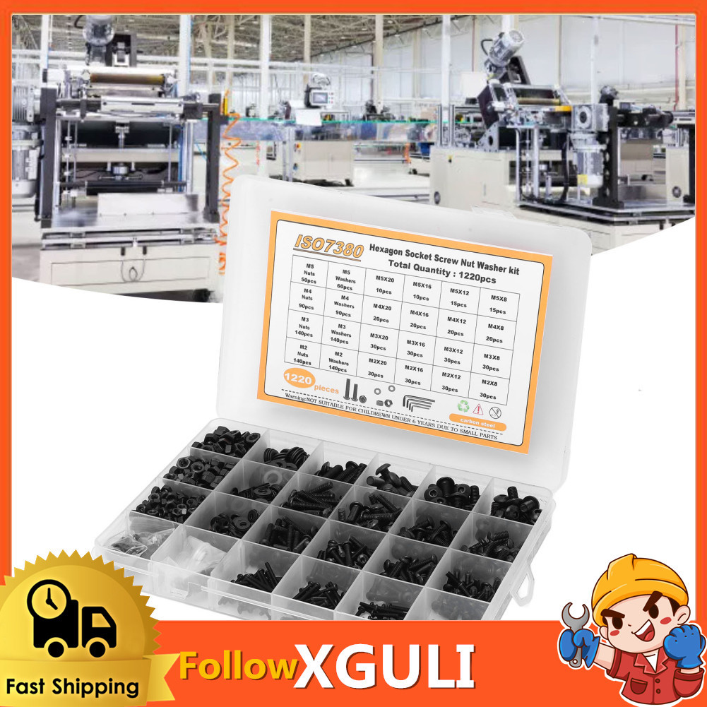 Xguli Xguli สกรู NUT ชุดเครื่องซักผ้า 1220 ชิ้นเหล็กคาร์บอน M2 M3 M4 M5 ครึ่งรอบ HEAD HEX ซ็อกเก็ตแล