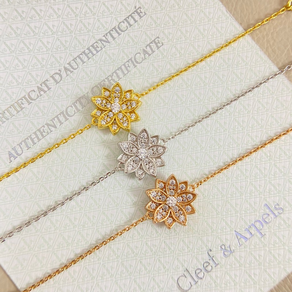Van Cleef & Arpels Inspired Lotus Bracelet | ตกแต่งลูกบาศก์เซอร์โคเนีย | เครื่องประดับหรูสามโทน | กา