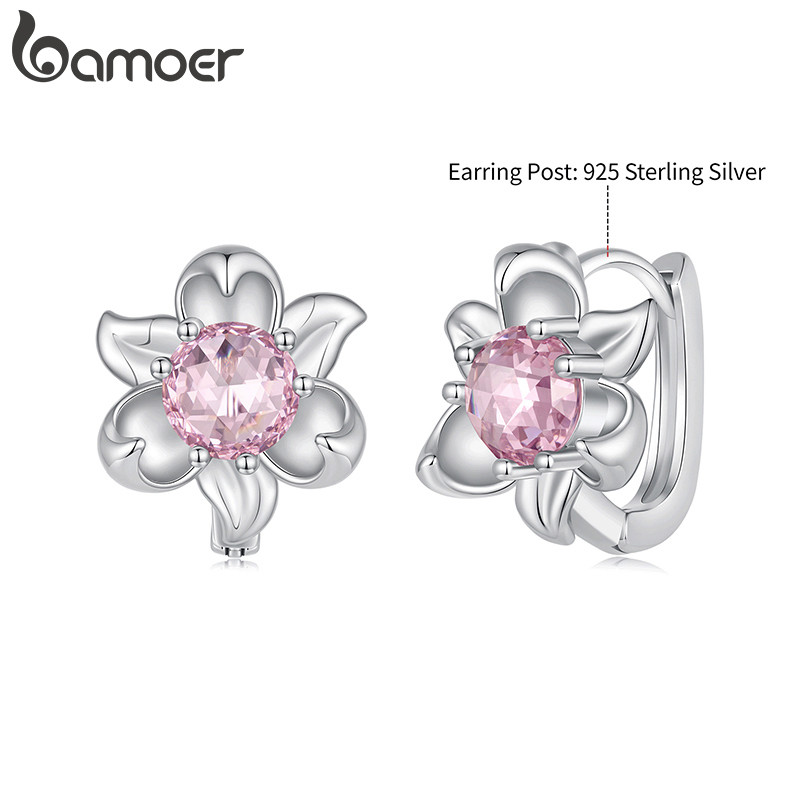 BAMOER บามอส ต่างหูห่วงเงินแท้ 925 ของขวัญเครื่องประดับดอกไม้สําหรับผู้หญิง