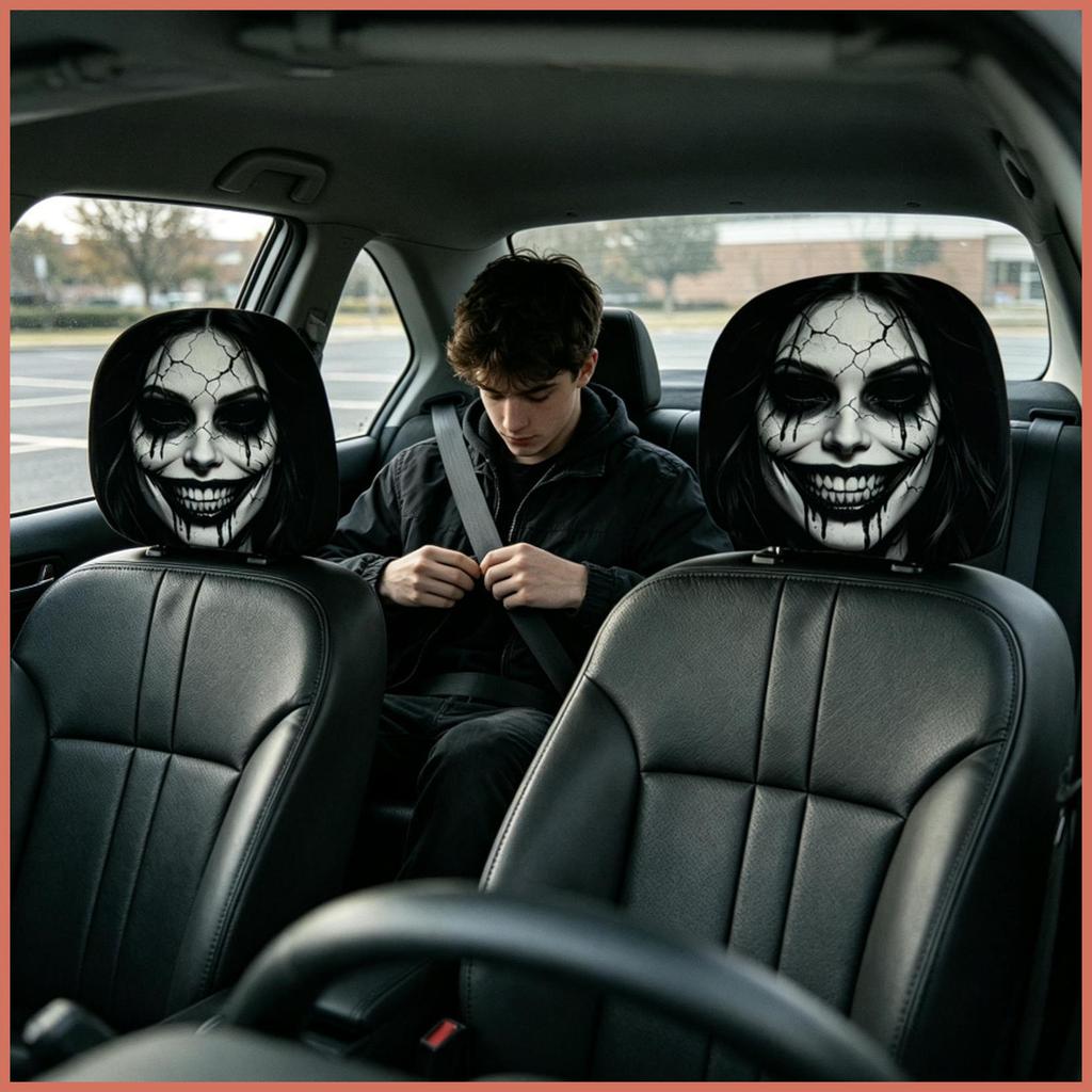 Ghost Face Headrest Covers 2 ชิ้น Ghost Face ฮาโลวีนพิมพ์ยืดหยุ่นตกแต่งภายในรถยนต์ตามฤดูกาล dadwenph