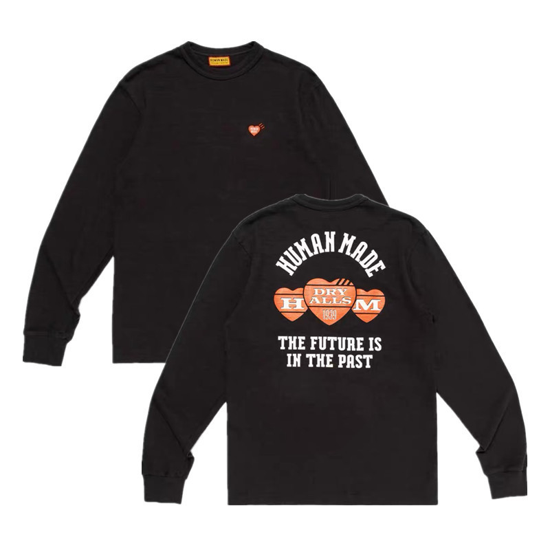 ขายร้อน HUMAN MA Classic Love Letter พิมพ์หลวมสบายๆเสื้อยืดแขนยาวสําหรับผู้ชายและผู้หญิงคู่