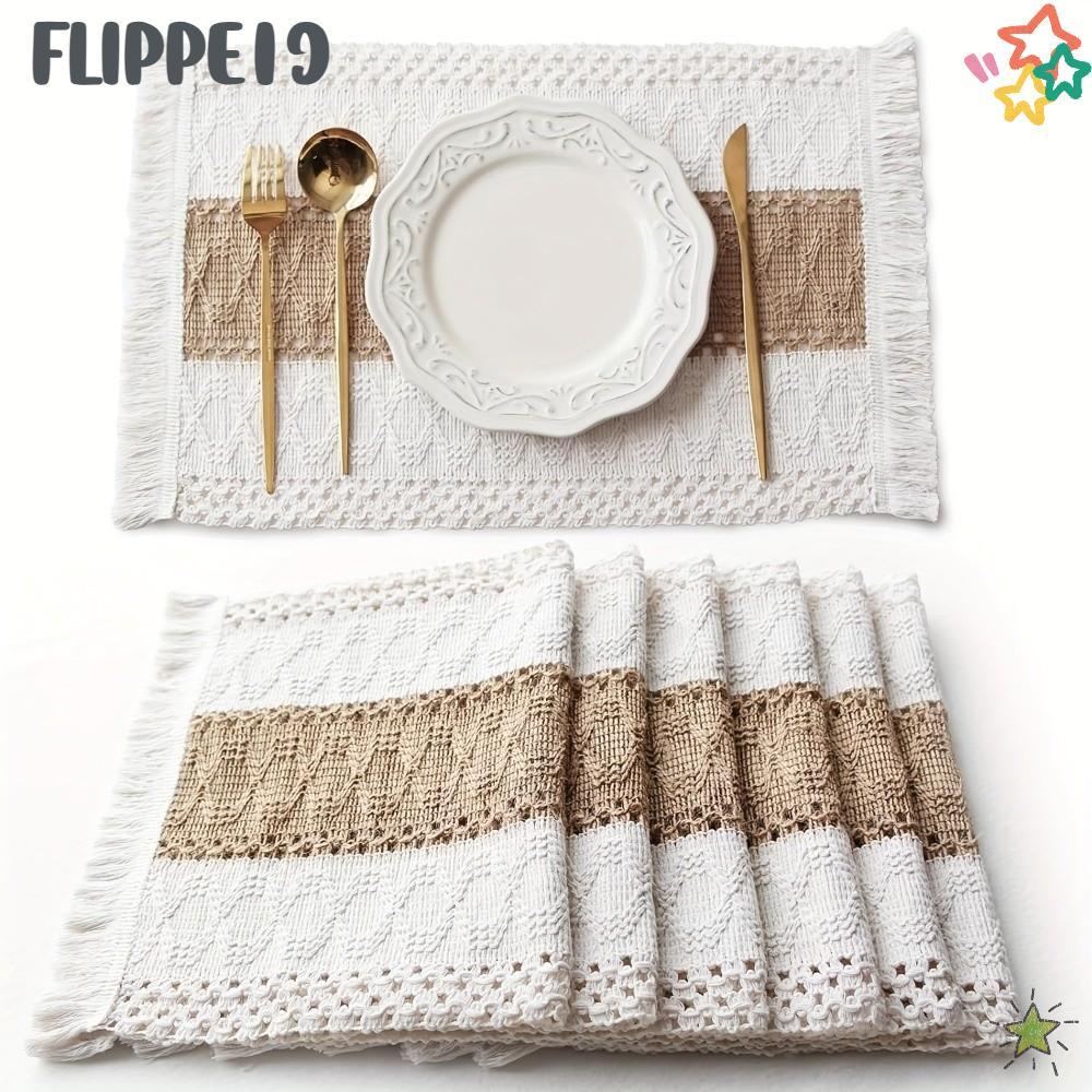 FLIPPE1J 4pcs สี่เหลี่ยมผืนผ้าตาราง Mats,โบฮีเมียพู่ Boho Burlap Placemats,ชนบทลื่นทนความร้อนลายผ้าล