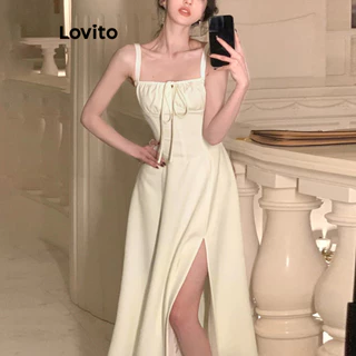 Lovito x Poppy สง่างาม ชุดเดรสผูกหน้าหลังสุดหรูหรา เดรสฤดูร้อนสำหรับผู้หญิง เดรสเที่ยวเขา L74ED185