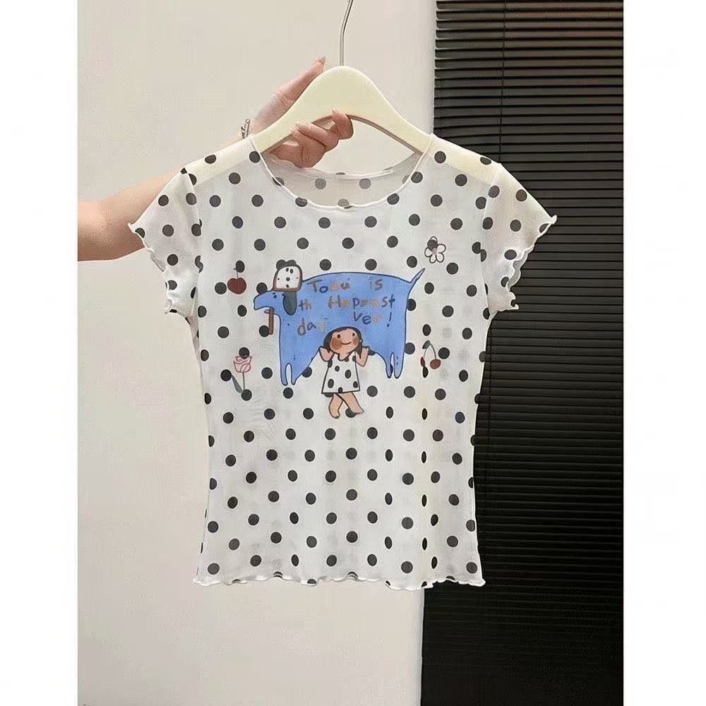 Milyfashion Polka Dot สาวการ์ตูนพิมพ์ผ้ากอซสองชั้นแขนสั้นขอบเชื้อรา Slim-Fit อายุ @-