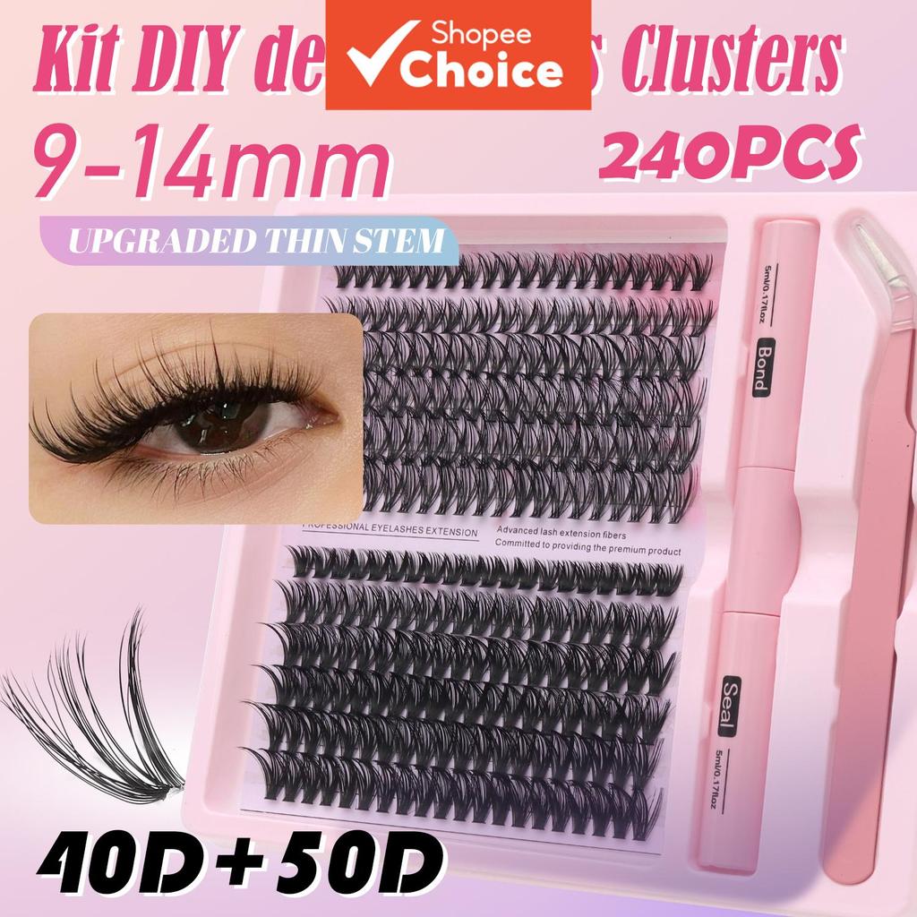 ชุดขนตาปลอมแบบช่อ DIY 40D&50D สําหรับมือใหม่ ทรง D Curl 240 ชิ้น ขนาด 9-14 มม. พร้อมกาวและแหนบ