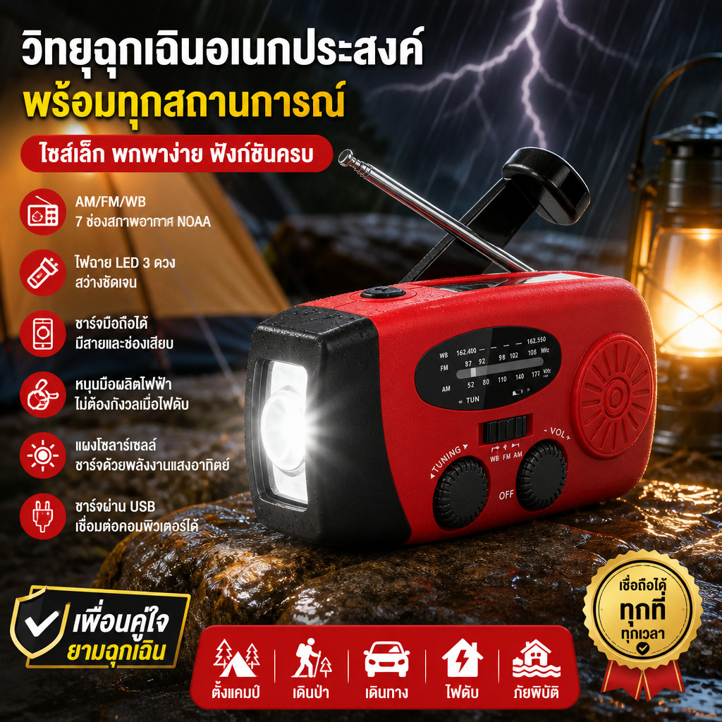 วิทยุฉุกเฉินพกพาโซล่าเซลล์ปั่นไฟมือหมุนAM/FM/WBวิทยุโซล่าเซลล์พาวเวอร์แบงค์ไฟฉายLEDในตัวสำหรับเดินป่าตั้งแคมป์