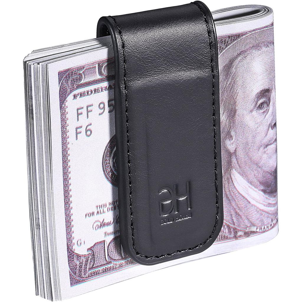 GH Golden Horse Slim Magnetic Wallet Mens Genuine Leather Business Card Holder (สีดํา)