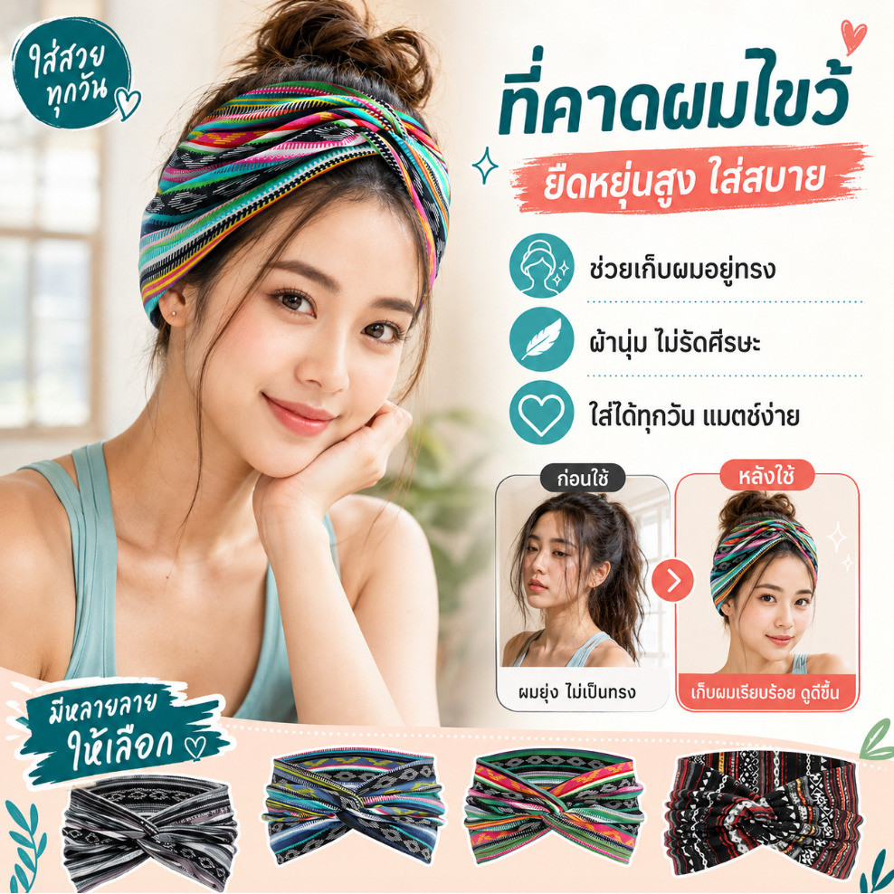 NEW ผ้าคาดผมไขว้ยางยืด ที่คาดผมช่วยจัดกรอบหน้า ยืดหยุ่นสูง กระชับพอดี ไม่หลุดง่าย ใช้ได้ทั้งแต่งหน้าและออกกำลังกาย