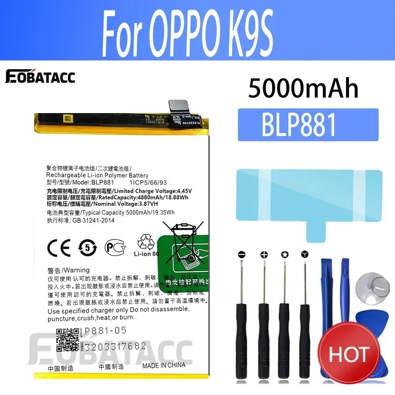 2025 ปี 100% แบตเตอรี่ใหม่ BLP881 สําหรับ OPPO K9S BLP875 แบตเตอรี่ + เครื่องมือฟรี