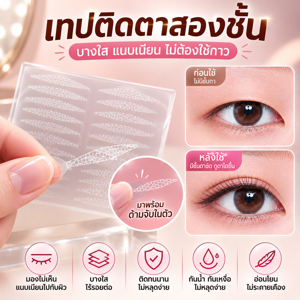 120Pcs เทปติดตาสองชั้น กันน้ำ สติกเกอร์ติดตาสองชั้น ใช้งานง่าย สติกเกอร์ตาสองชั้น ตาดูโตขึ้น