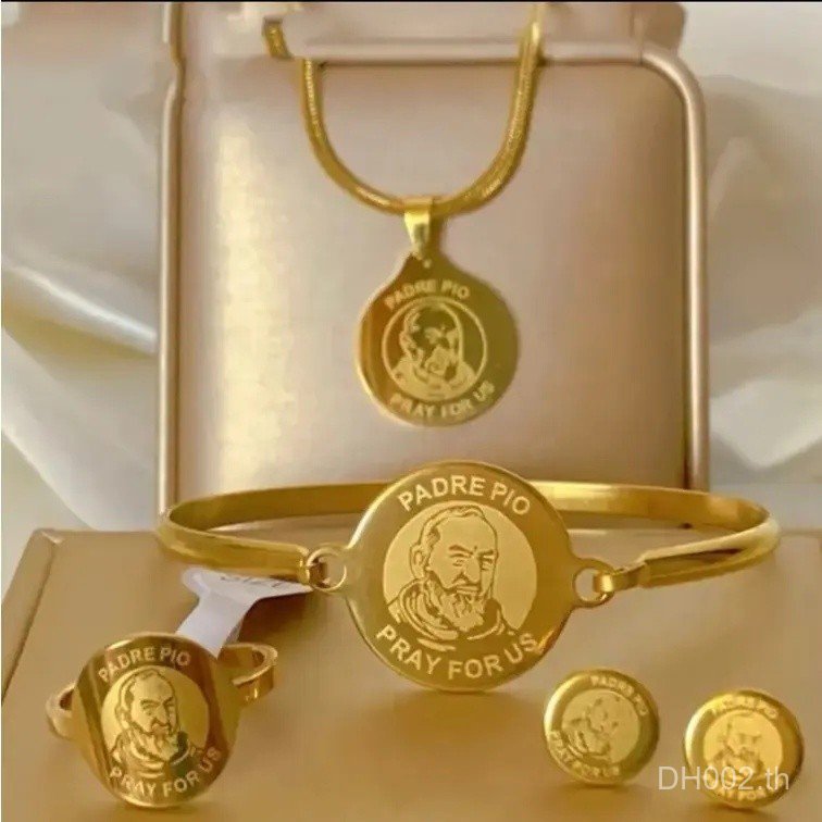 4in1 ชุด Padre Pio St Benedict สร้อยคอต่างหูแหวนและกําไลข้อมือ