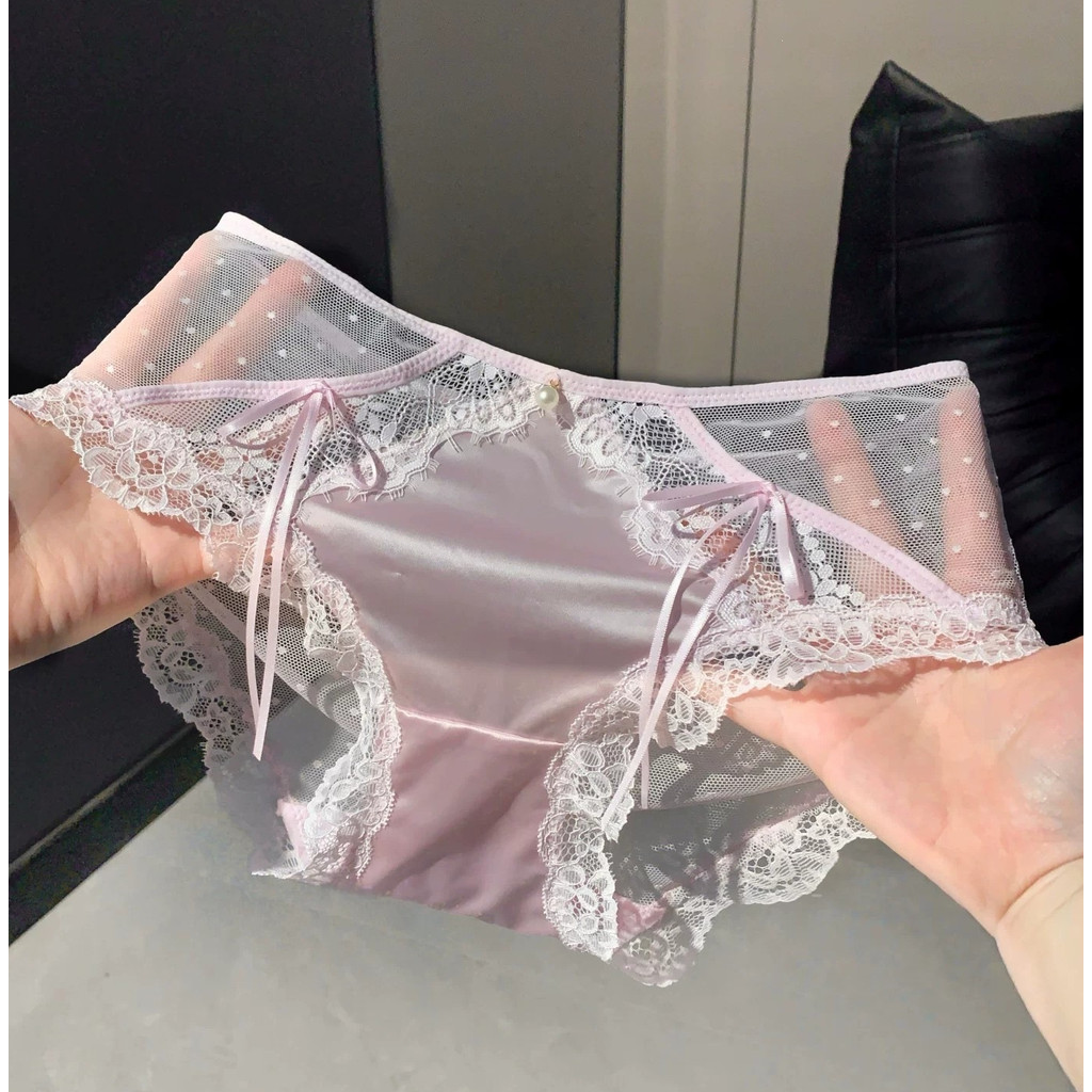 กางเกงสุภาพสตรีเนื้อกางเกงซาติน Quick-Drying สไตล์บางไม่มีรอยต่อต่ําเอวลูกไม้ด้านหลังชิ้น Breathable สบาย Antibact