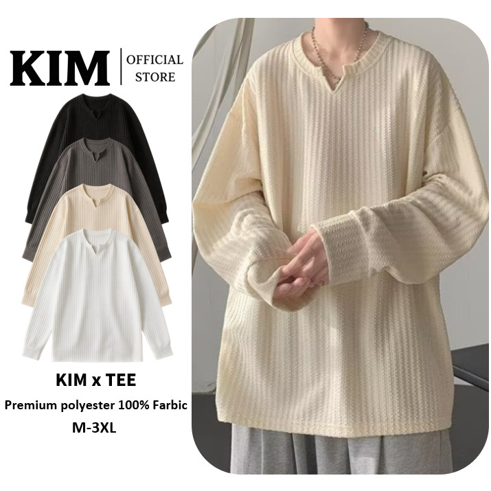 Waffle Knit V Notch Long Sleeve Tee เสื้อยาวลายผ้าวาฟเฟิล คอวีเล็ก ทรงหลวม M-3XL