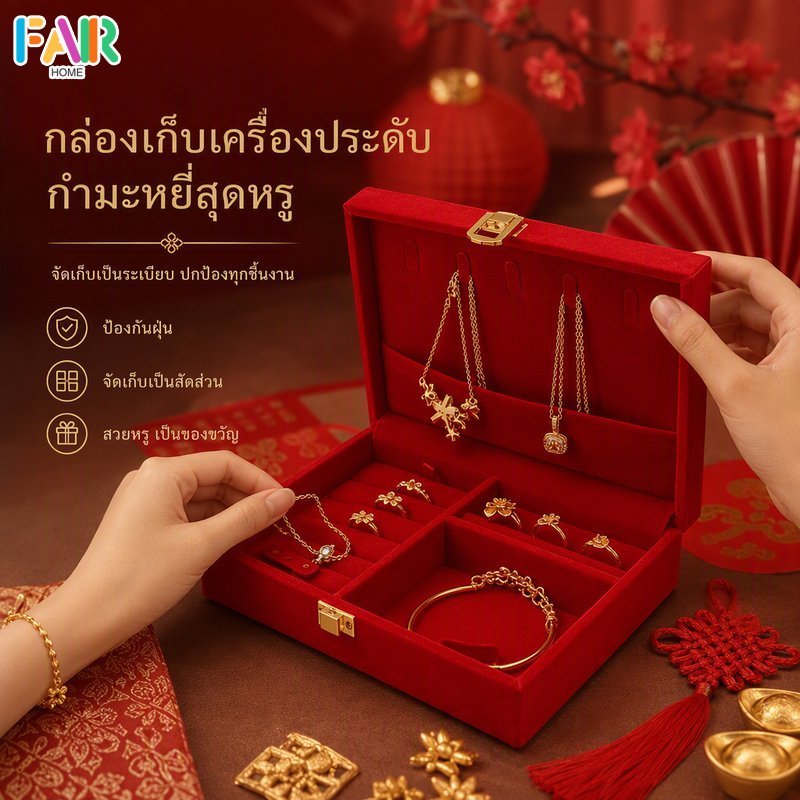 กล่องกำมะหยี่ใส่เครื่องประดับ สีแดง กล่องเก็บแหวน ต่างหู สร้อยมือ จี้ พระเครื่อง กันฝุ่น