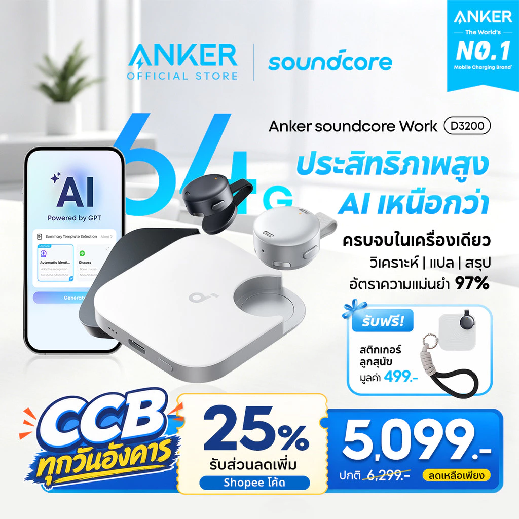 [64GB Upgrade] ANKER Soundcore Work เครื่องบันทึกเสียง Al Voice Recorder Coin แม่นยำสูง 97% อุปกรณ์จดบันทึก D3200