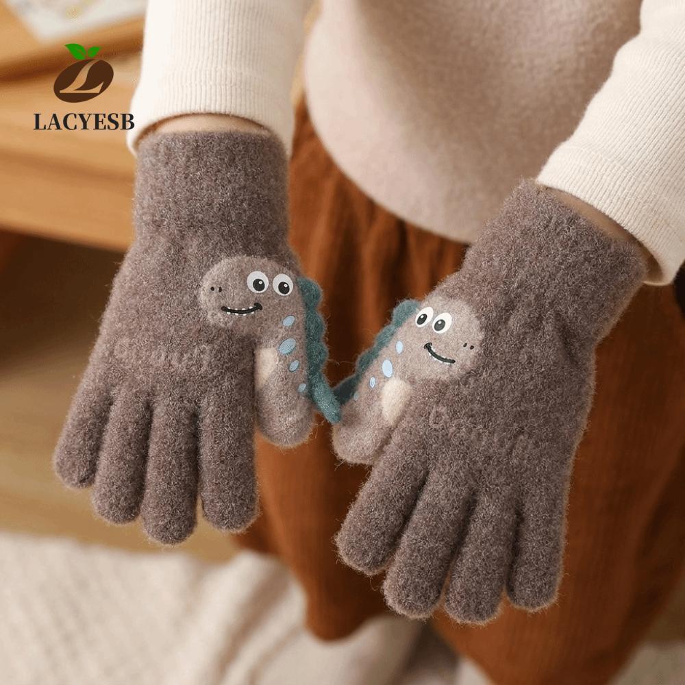 LACYSB Kids Full Finger Mittens, Thicken Soft Winter Dinosaur Gloves, Fashion Warm Windproof Anti-Cold ถักถุงมือเด็กวัยหัดเดิน