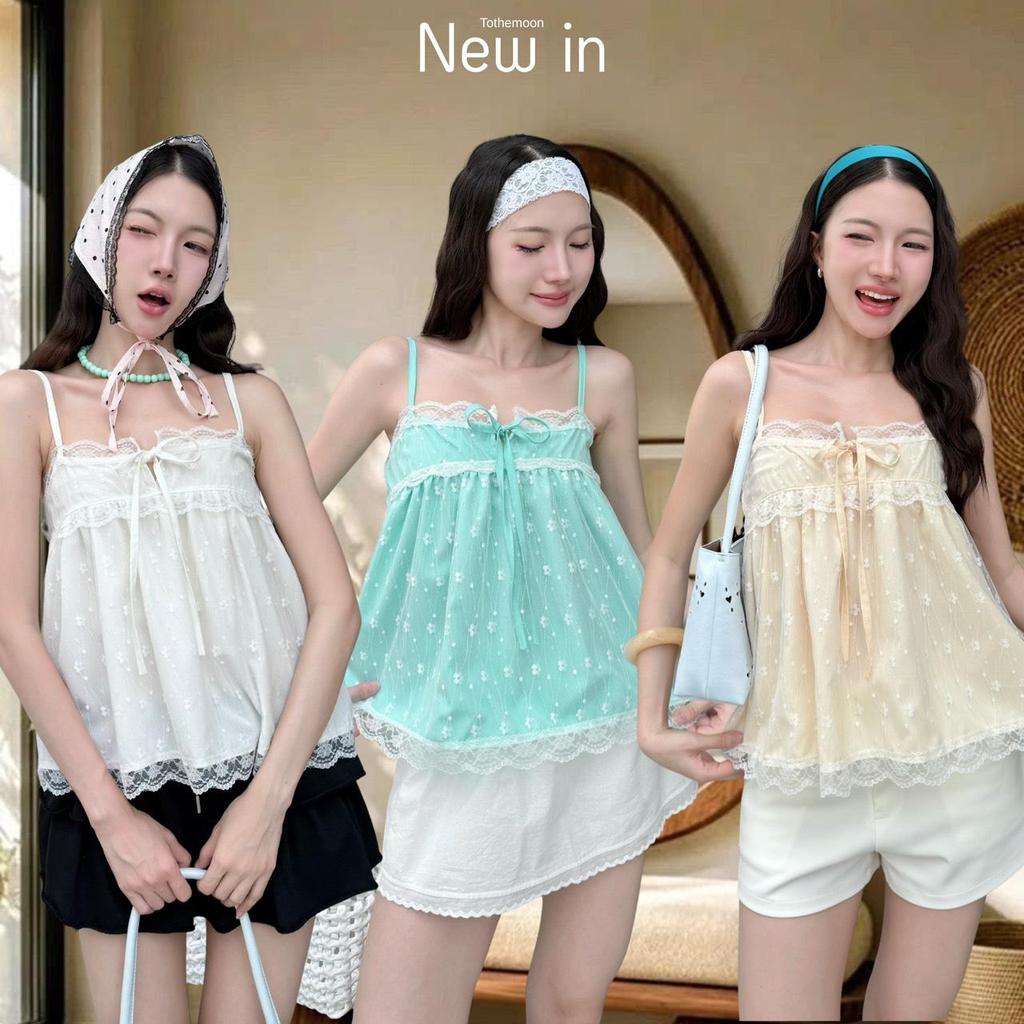 Cutie cami : KN.Clothes เสื้อสายเดี่ยว ผ้าลูกไม้ ซับในสีสวย ผูกโบว์หน้า ชายลูกไม้ สายปรับได้