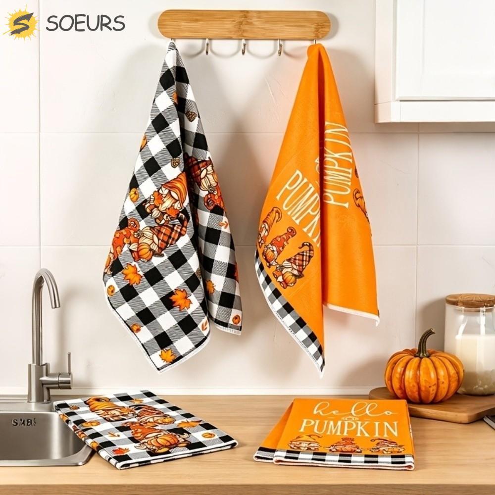 SOEURS 2 ชิ้นผ้าเช็ดมือครัว,ไมโครไฟเบอร์ Maple Leaf Fall Gnome จานผ้าขนหนู,การ์ตูนนุ่มดูดซับหนาฤดูใบ