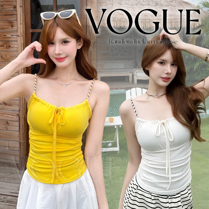 Vogue🌟พร้อมส่ง🌟 เสื้อยืดสายเดี่ยวต้อนรับซัมเมอร์ สีสันสดใสทรงเข้ารูป มีฟองน้ำในตัวทรงสวย (FY7075)