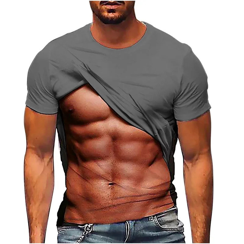 กล้ามเนื้อปลอมเสื้อยืดสําหรับชาย 3D พิมพ์ Cal Y2K Tees แฟชั่นฤดูร้อนแขนสั้นคอกลม Street Fitness Pull