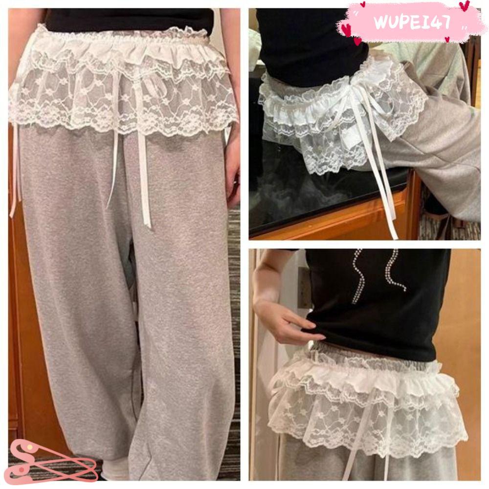 WUPEI47AD Lace Up Ruffles กระโปรง,ดูผ่านปักดอกไม้ลูกไม้กระโปรงมินิ, Y2K Streetwear Harajuku จีบกระโป