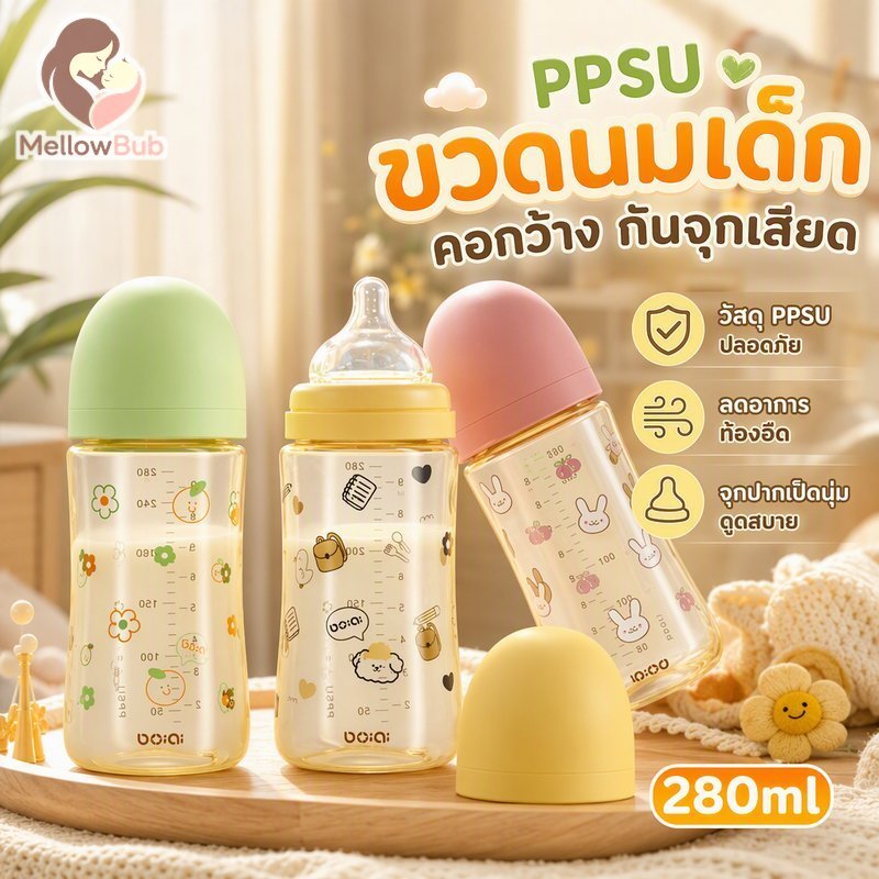 ขวดนม PPSU คอกว้างป้องกันอาการจุกเสียด BPA ฟรีการ์ตูนพิมพ์จุกนมปากเป็ดนุ่ม