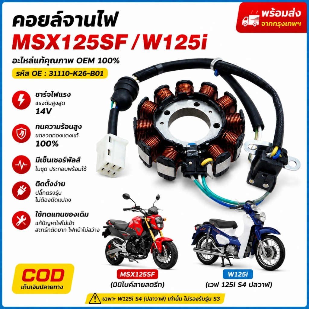 【พร้อมส่ง】มัด ไฟ 125i ปลาวาฬ มัดไฟs4 / MSX ขดลวดสเตเตอร์ คุณภาพดี