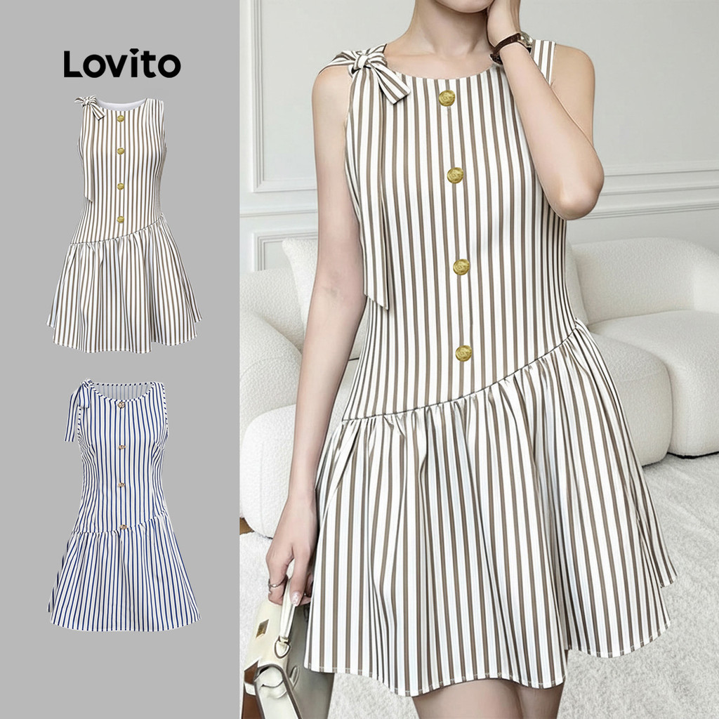 Lovito แคชชวล เดรสผู้หญิงผูกหน้าสไตล์เก๋ไก๋สําหรับฤดูใบไม้ผลิ/ฤดูร้อน สีคากิ ใส่สบายแต่ทันสมัย LK4ED1483