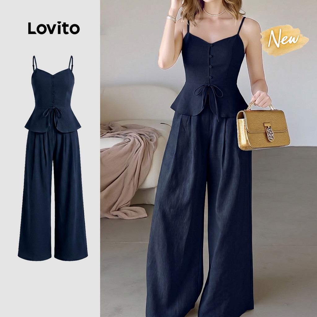 (New Arrival) Lovito เสื้อสูทลําลองผู้หญิงหรือกางเกงขายาว โทนสีกรมท่า เหมาะสําหรับฤดูใบไม้ผลิ/ฤดูร้อน ผูกเชือก ประจำวัน เกาหลี อินเทรนด์ PSK8TD207