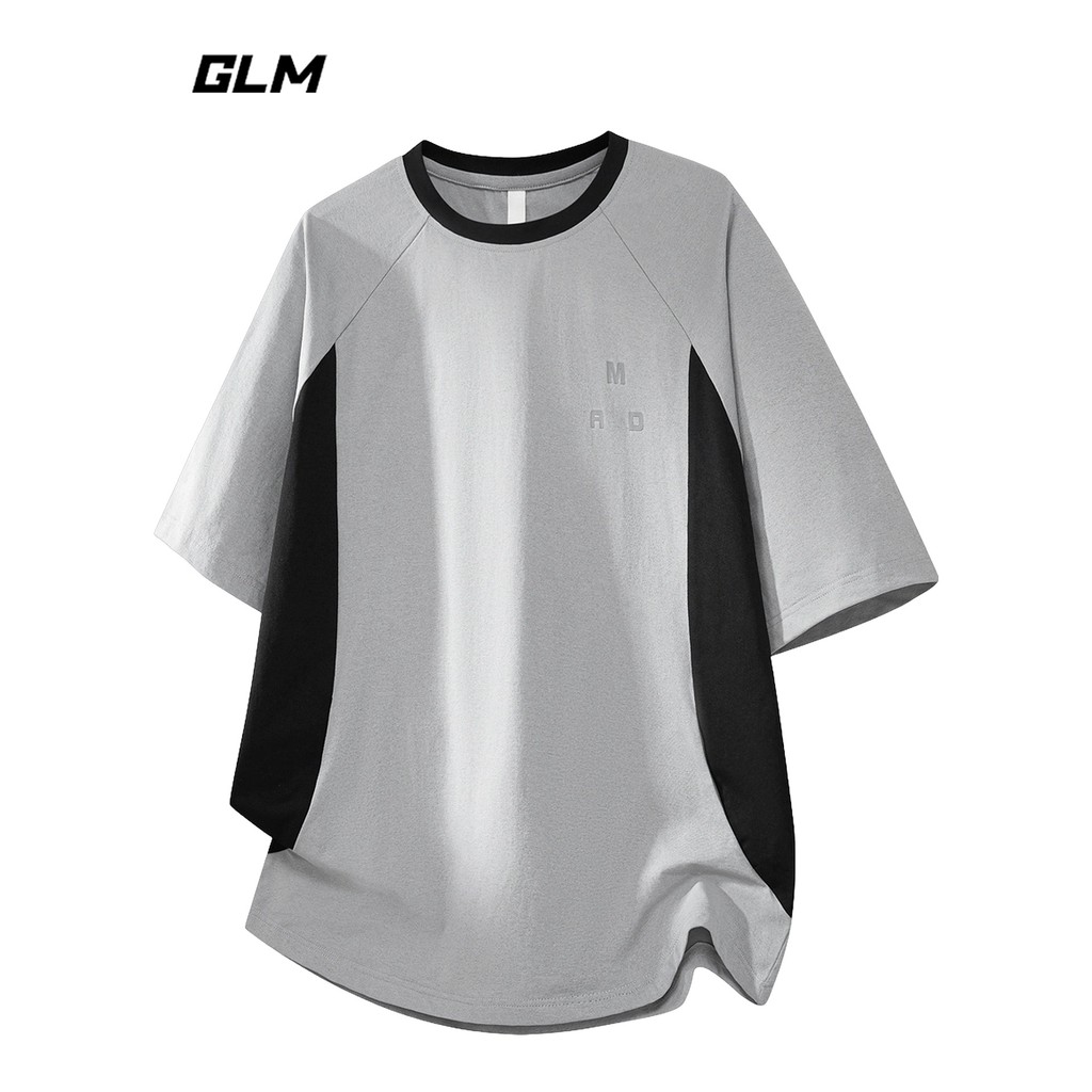 GLM อย่างเป็นทางการแท้สไตล์อเมริกัน Contrast สีเย็บเสื้อยืดแขนสั้นผู้ชายฤดูร้อนรอบคอหลวมสบายๆ Brea