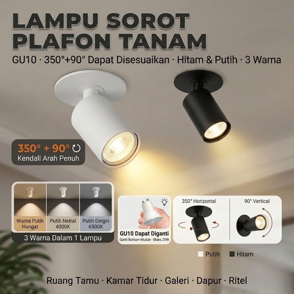 โคมไฟดาวน์ไลท์ GU10 ฝังฝ้า ปรับมุมได้ โคมไฟสปอตไลท์ LED กรอบกลม สีดำ สีขาว สำหรับบ้าน ร้านค้า ห้องนั่งเล่น