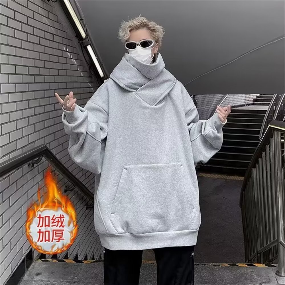 American High Neck Sweatshirt Men Hooded Winter Fleece Lining Loose Couple Casual Sports Jacket อินเ