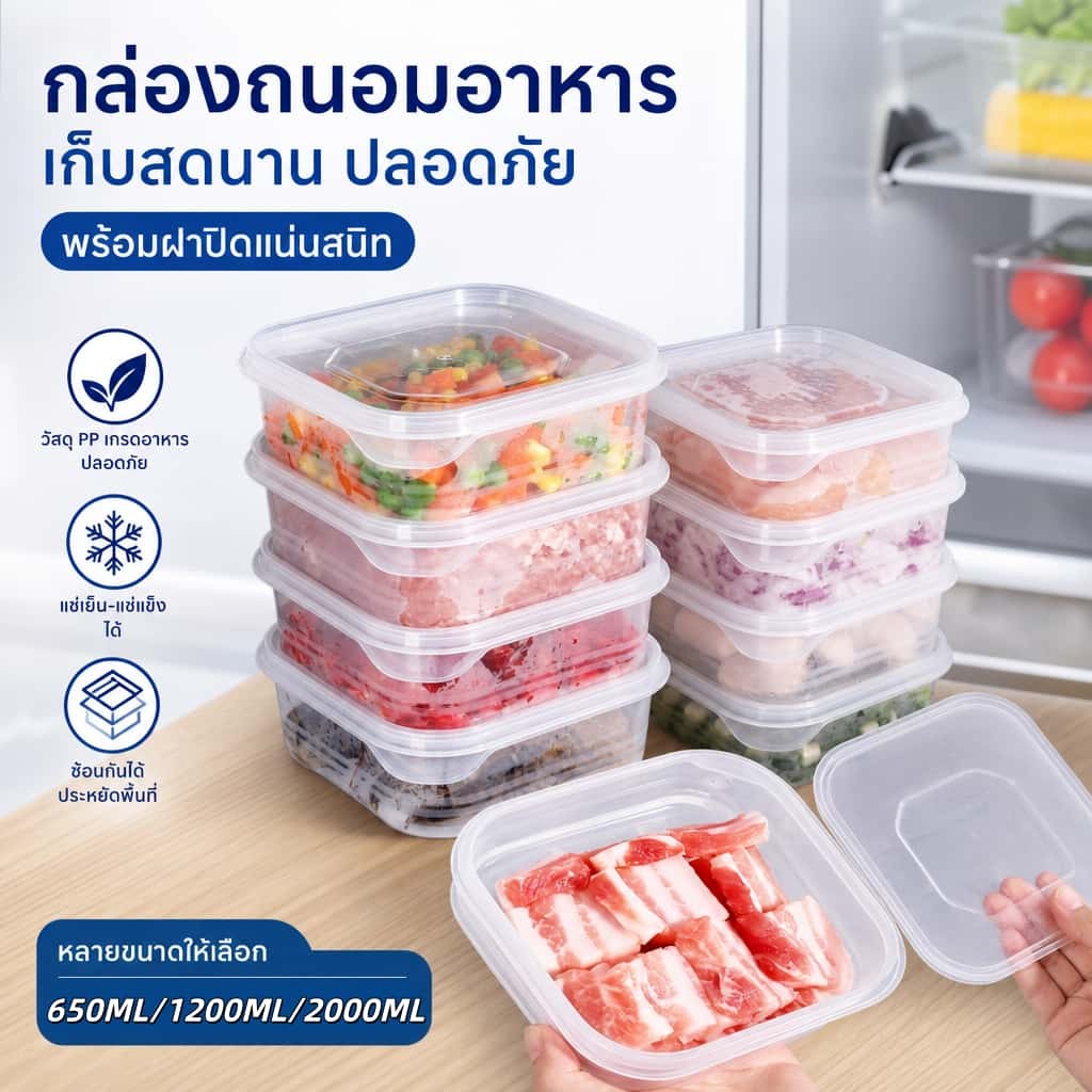 กล่องเก็บอาหารแช่แข็ง โปร่งใส ฝาปิดสนิท ความจุ 350/650/1200/2000ML เก็บในตู้เย็นได้ เข้าไมโครเวฟได้ แยกประเภทอาหาร