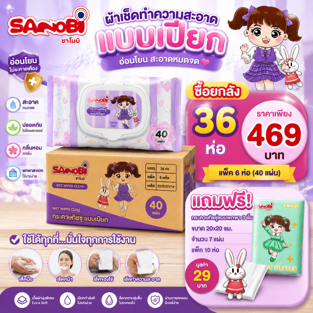 ยกลัง 6 แพ็ค มี 36ห่อ  ห่อละ 40แผ่น  กระดาษทิชชู่เปียก เช็ดหน้า  ไม่มีแอลกอฮอล์  แผ่นผ้าเปียกซาโนบิ