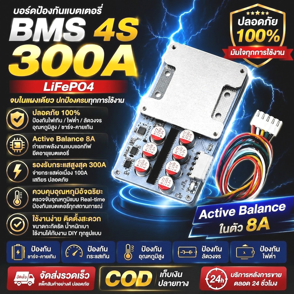 🔥ในไทย BMS 4s 300a ต่อเนื่อง100a มี Active Balance 5.5a. ในตัว ใช้กับLiFePO4 3.2v(BMS+Activeในตัว)