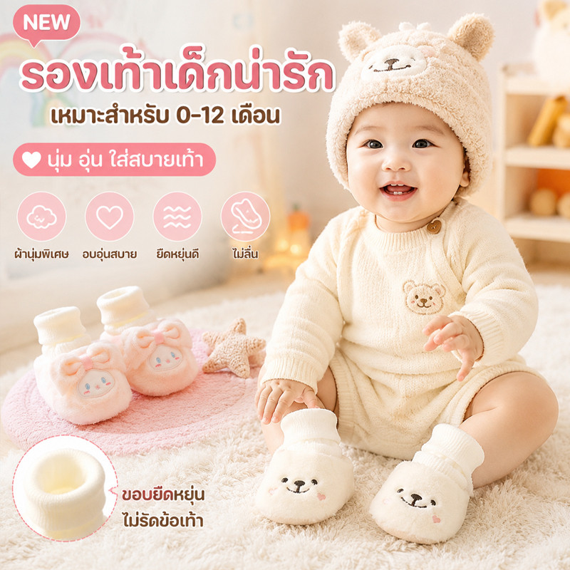 COD รองเท้าเด็ก รองเท้าเด็กแรกเกิด มีถุงเท้า（0-12 เดือน）รูปแบบน่ารัก กันลื่น ระบายอากาศ นุ่มสบาย มันอบอุ่น ﻿