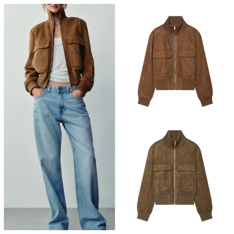 ZA Suede Leather Bomber Jacket Coat 3046256
