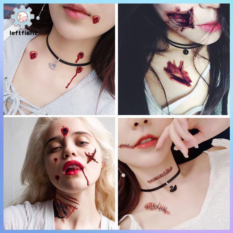 ซ้าย 30 ชิ้นฮาโลวีนเหมือนจริง Bloody Wound น่ากลัวกันน้ําชั่วคราว Tattoo Stiers GHT