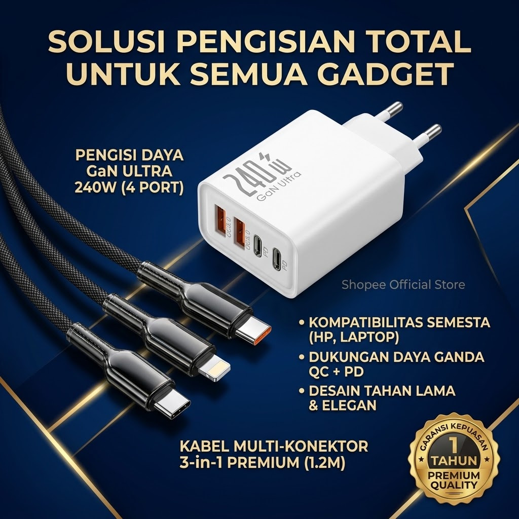 GaN Ultra 240W 4 พอร์ต Fast CHARGING Charger 3 ใน 1 1.2M Cable Fast CHARGING หลายอุปกรณ์พรีเมี่ยม