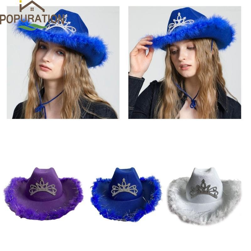 POP Vintage Country Western Fedoras หมวก Cowgirls หมวก Furry Trims Cowgirls หมวกสําหรับงานปาร์ตี้ Ph