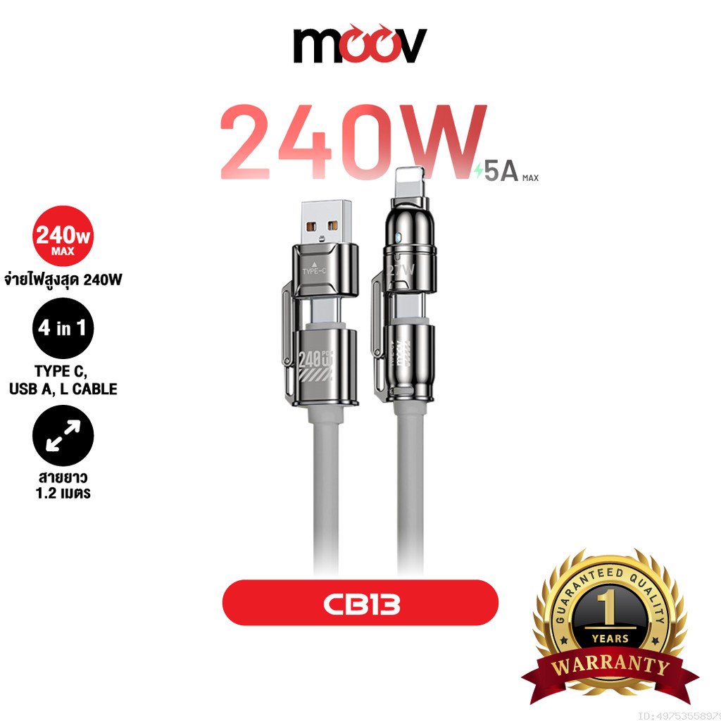 [ส่งไว] Moov CB13 สายชาร์จ Type C to Type C 4-in-1 USB/L-Cable ชาร์จเร็ว Fast Charge PD 240W โน๊ตบุ๊