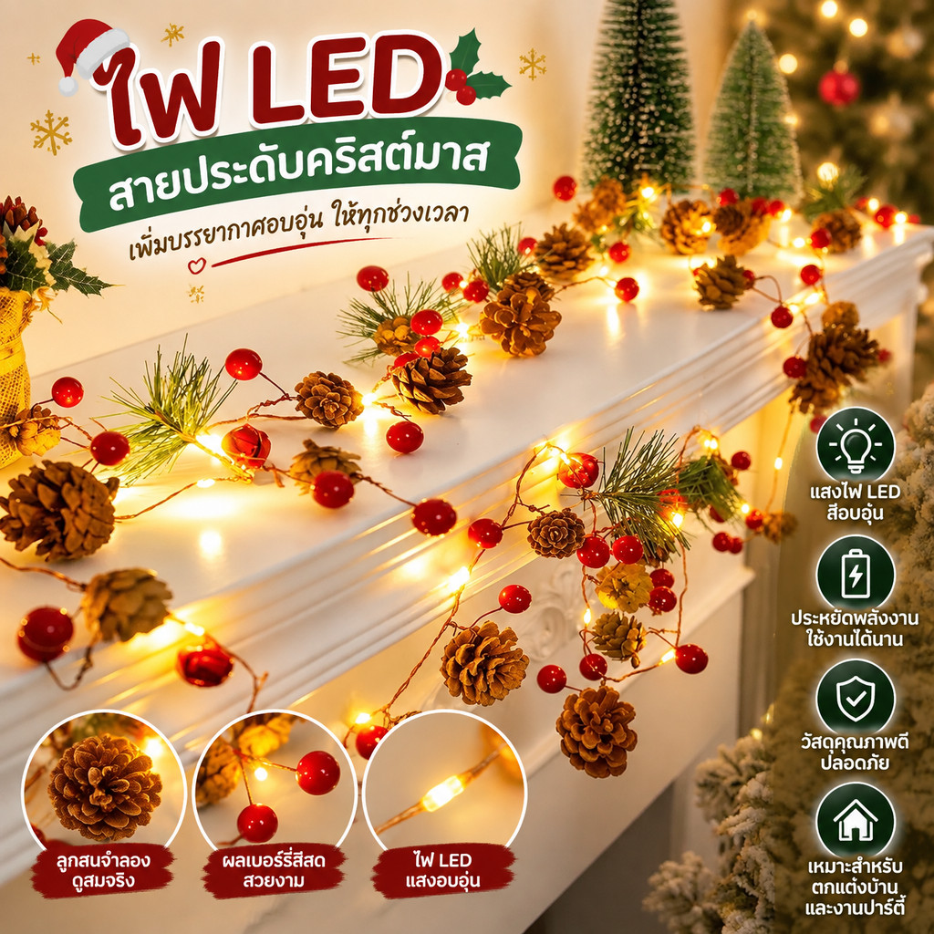 ไฟสตริงคริสต์มาส LED ผลเบอร์รี่สีแดง เข็มสน ตกแต่งต้นคริสต์มาส ไฟประดับวันหยุด จี้แบตเตอรี่ขับเคลื่อน