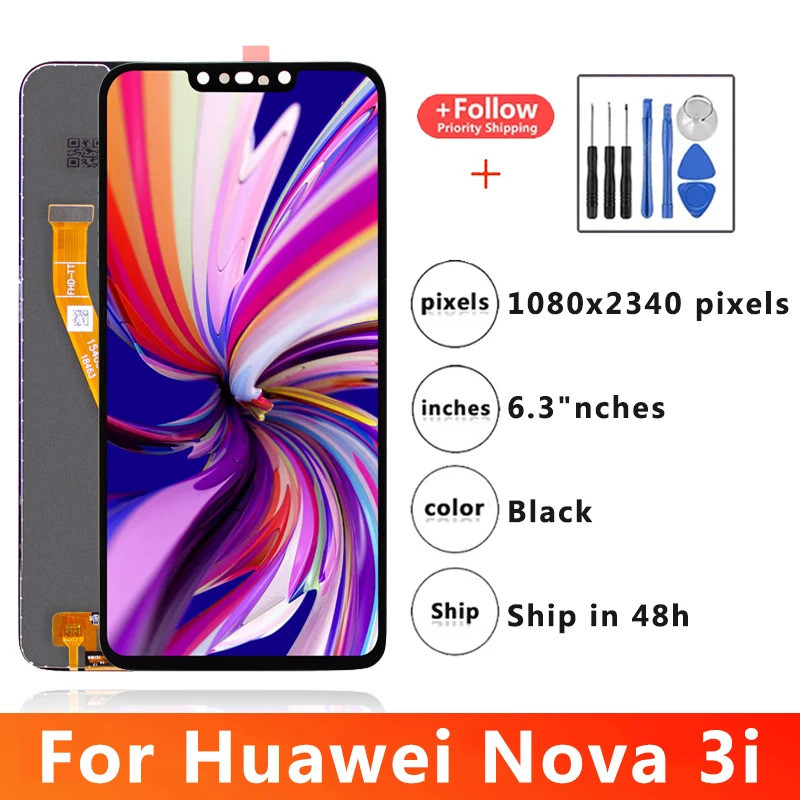 Original 6.3 "โทรศัพท์มือถือLcdsจอแสดงผลหน้าจอสัมผัสแผงDigitizerสําหรับNova 3i INE-LX1r INE-LX2 INE-