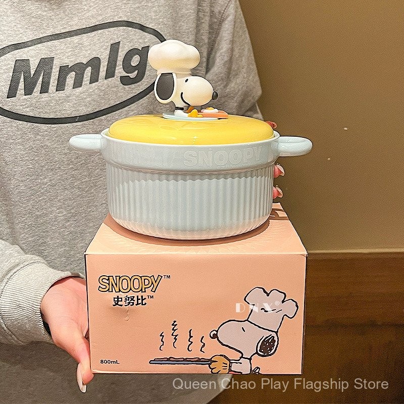 สนูปปี้ ชามบะหมี่กึ่งสําเร็จรูปพร้อมฝาปิดบนโต๊ะอาหารน่ารักการ์ตูนหูคู่ของขวัญครัวเรือนมูลค่าสูงชามเซรามิกความจุขนาดใหญ่