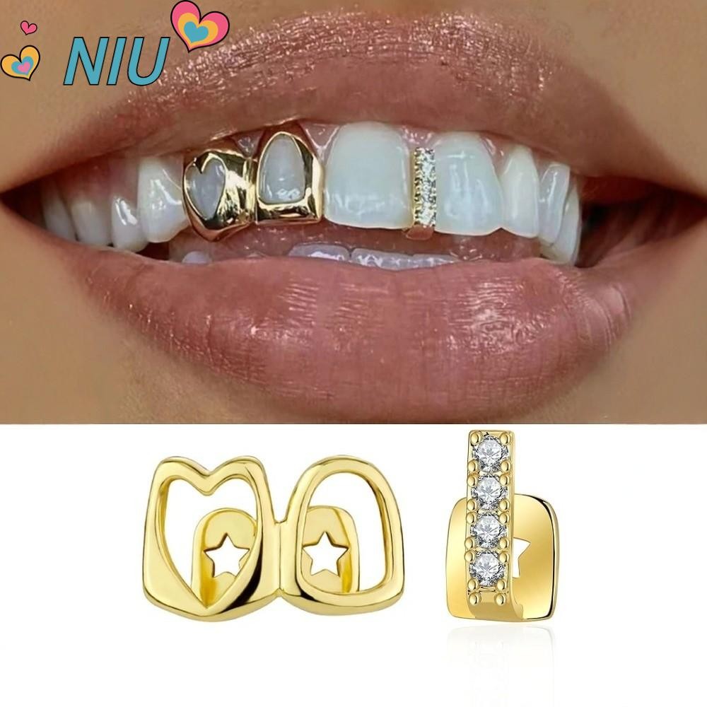 NIUYOUJS Grillz สีทองแดง ลายใจคู่ว่างกลาง เพชรสังเคราะห์ สำหรับฟันHip Hop