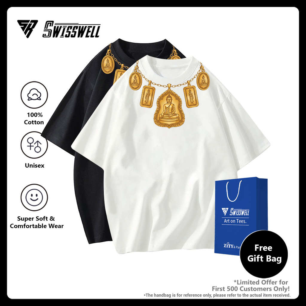 SwissWell 👕 เสื้อยืดผ้าคอตตอน 100% T-Shirt Oversize คอกลม Unisex ลาย Buddha amulets พิเศษเฉพาะที่นี่