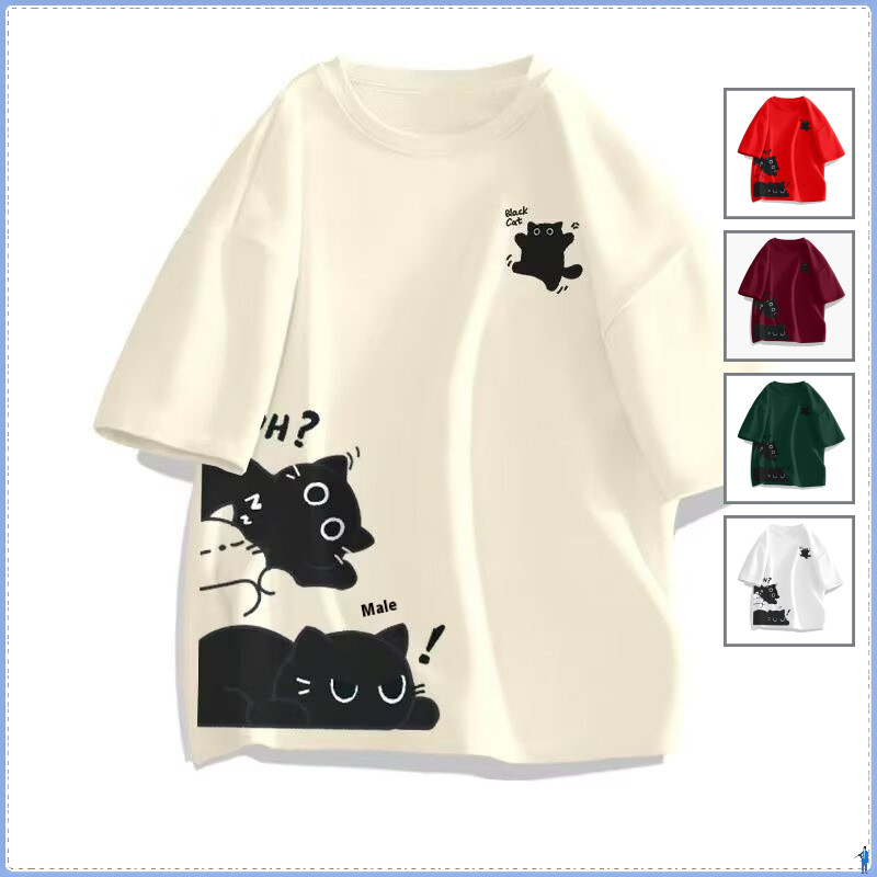 เสื้อยืดคอกลมระบายอากาศได้ดี ออกแบบลายแมวน่ารัก สำหรับชุดลำลอง