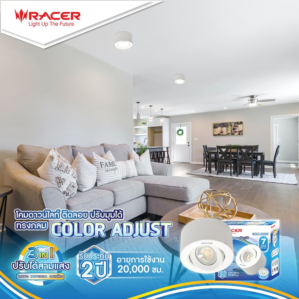 shophome468 Racer โคมไฟ แอลอีดีดาวน์ไลท์แบบติดลอย 7 วัตต์ สามแสง  หน้ากลม สีขาว ปรับองศาได้ รับประกันของเเท้
